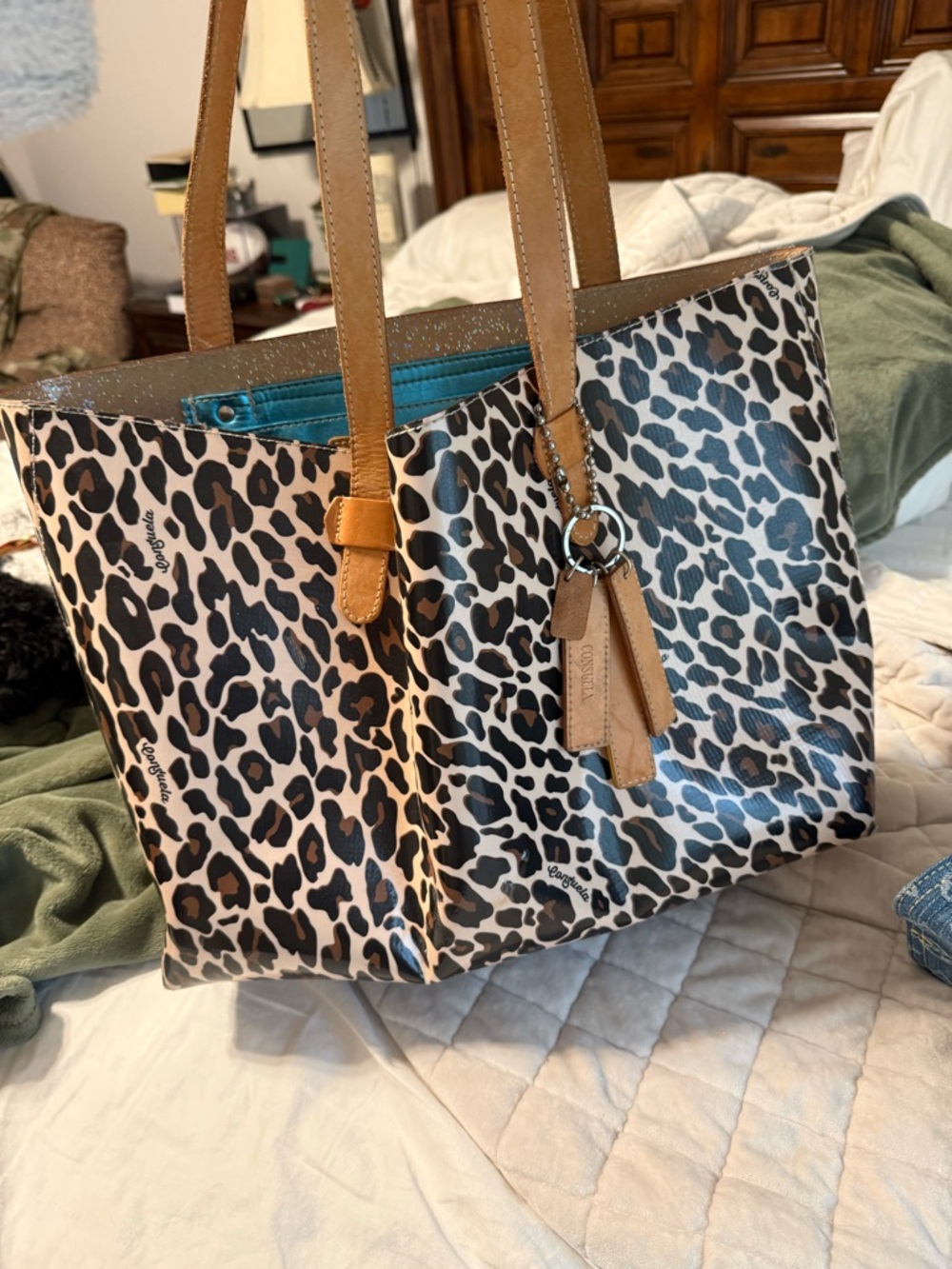 Consuela Leopard-Print Shoulder Tote with Tan Straps